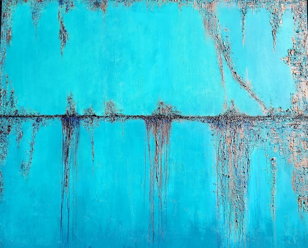 An abstract painting with a turquoise background, divided by a dark, textured horizontal line with drips running downward.