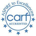 CARF accredited logo: a blue circle with text