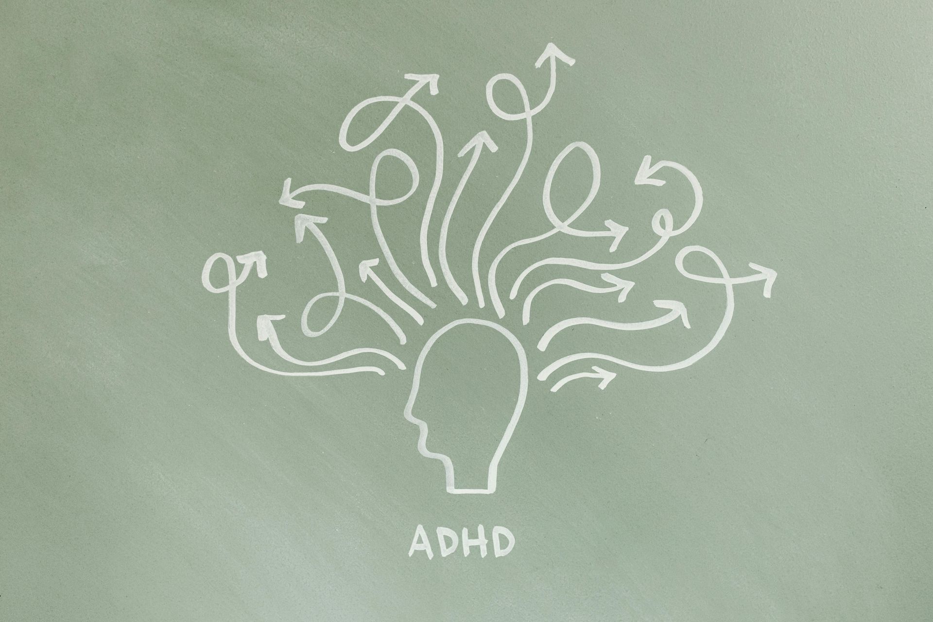 White line drawing of a head with arrows pointing in multiple directions, labeled “ADHD”.