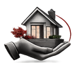 A grayscale hand holding a small house with red trees, with a red curved line extending from the chimney.