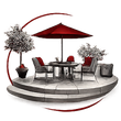 A patio dining set with a red umbrella, two chairs, and two potted plants on a curved, raised concrete platform.