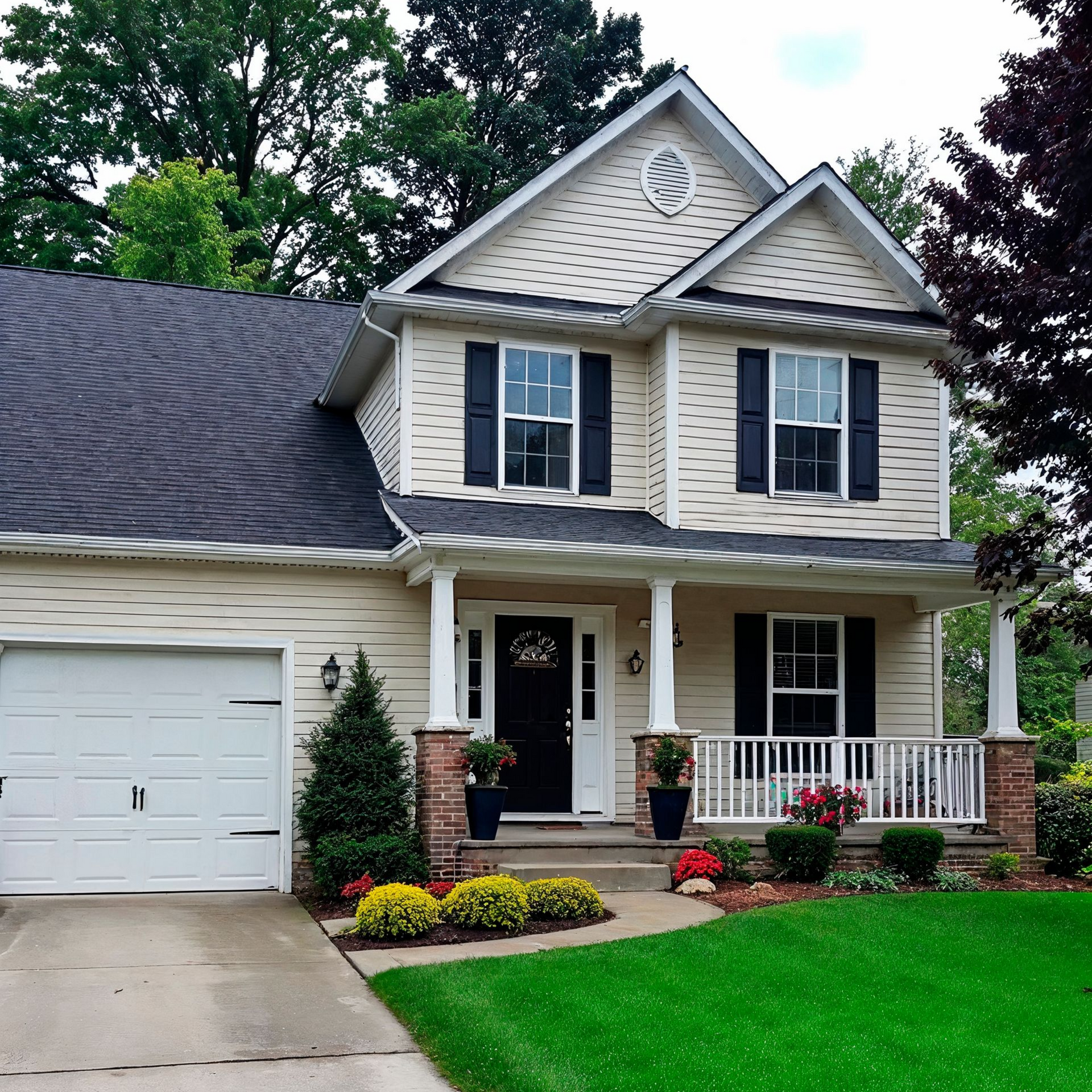 Two-story beige house with a dark roof, black shutters, white porch, and green lawn in a residential neighborhood.