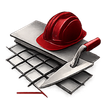 A red hard hat sits on a grey metal plate atop a wire mesh grid, with a metal trowel angled across the foreground.