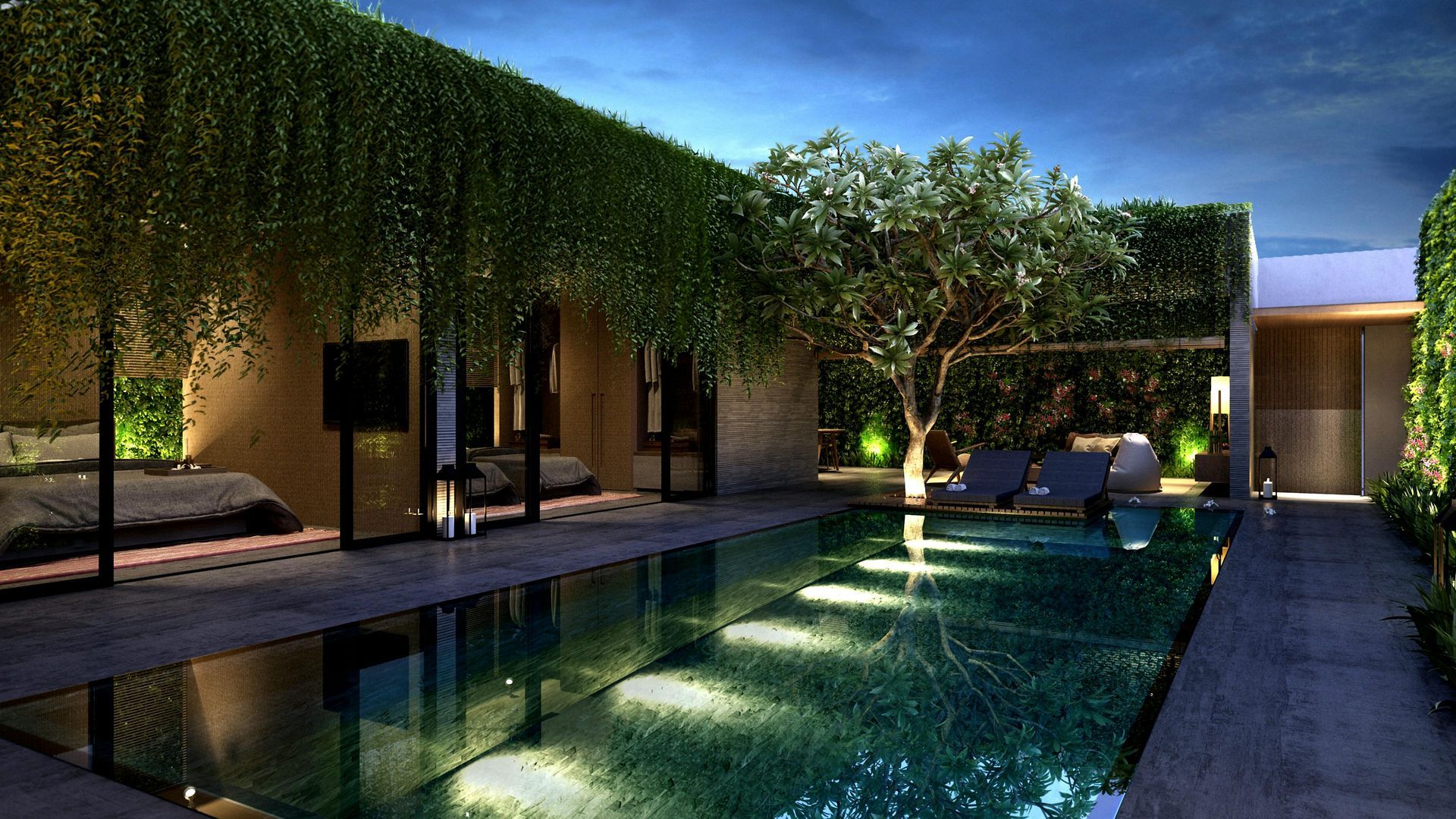 A modern patio with a rectangular pool, surrounded by lush vines and trees, illuminated by soft lights at night.