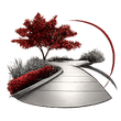 A path curves through a garden featuring a red-leafed tree, red shrubs, and gray foliage under a red arc.