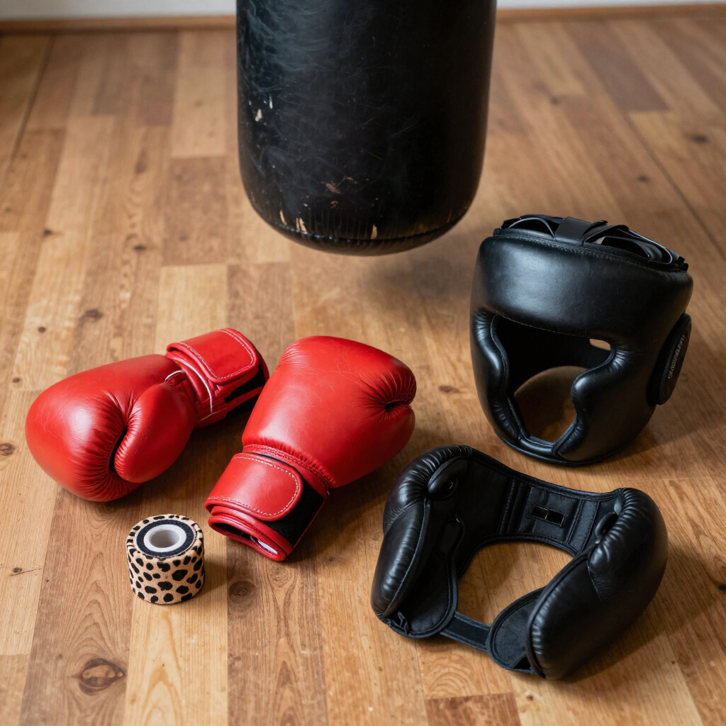 Guantoni da boxe e fasce per le mani su un pavimento di legno sotto un sacco da boxe appeso.