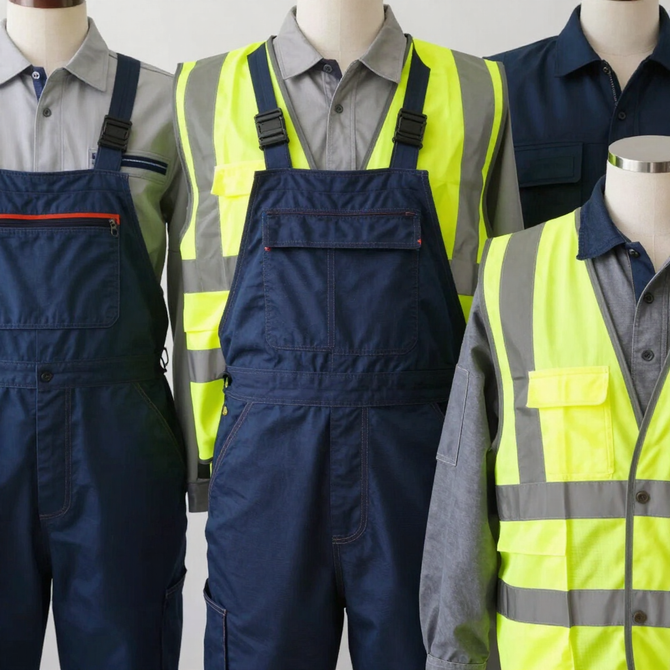 Manichini che indossano tute da lavoro blu scuro e ad alta visibilità e giubbotti di sicurezza con strisce riflettenti.