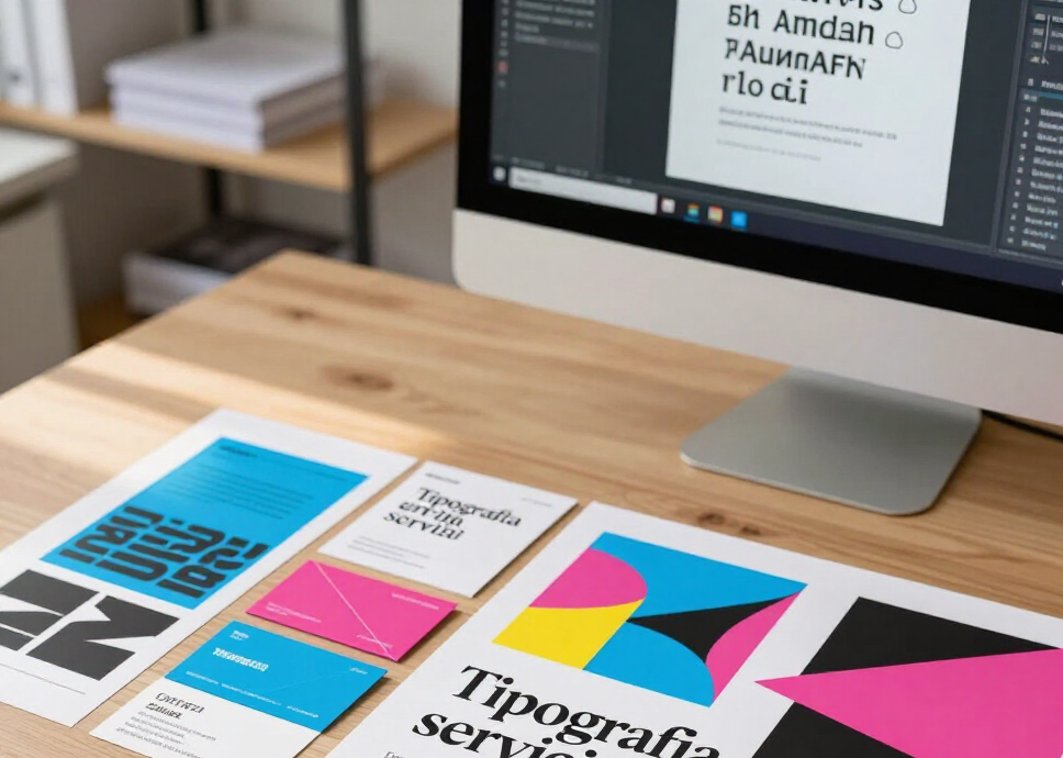 Postazione di lavoro con stampe tipografiche accanto allo schermo di un iMac che mostra un editor di layout.