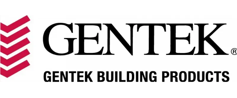 A logo for gentek building products with a red arrow.
