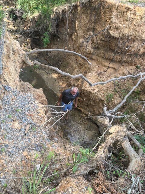 Person climbing in a rocky ravine with exposed tree roots and a steep dirt wall