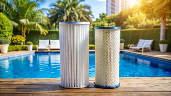 Two white cylindrical air filters on a wooden deck by a sunny poolside
