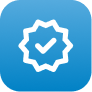 Blue icon with a white checkmark inside a starburst shape, indicating verification.