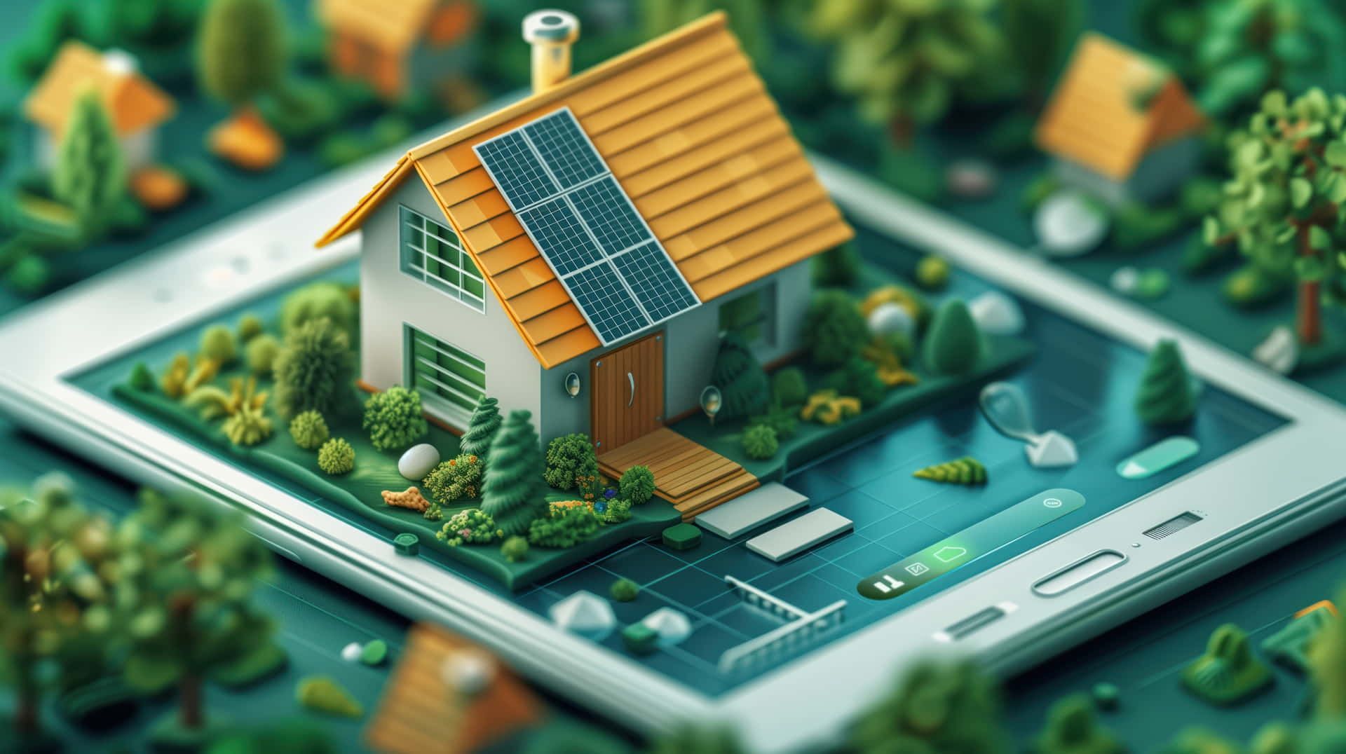 Een huis met zonnepanelen op het dak staat bovenop een smartphone.