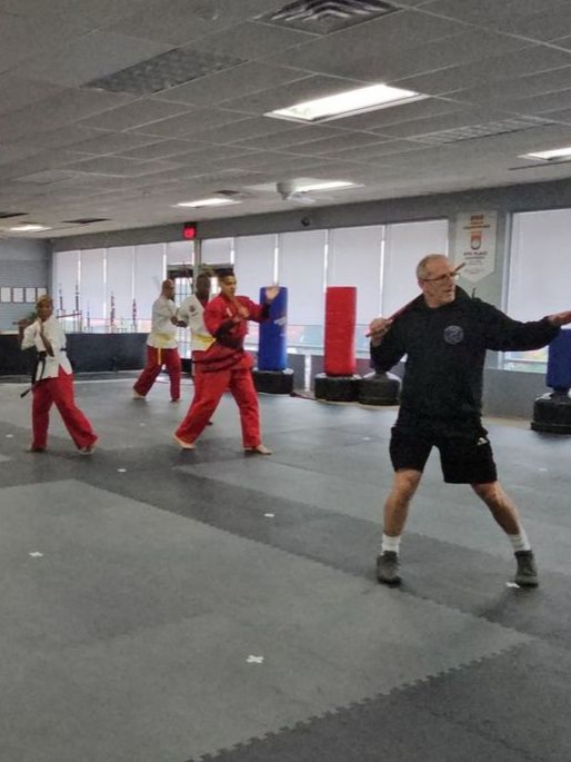 A group of people are practicing martial arts in a gym.