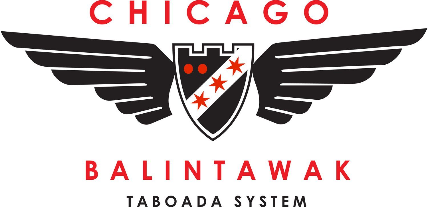 Chicago Balintawak Martial Arts logo of a shield with wings & banner running through it with 3 stars and 2 dots.