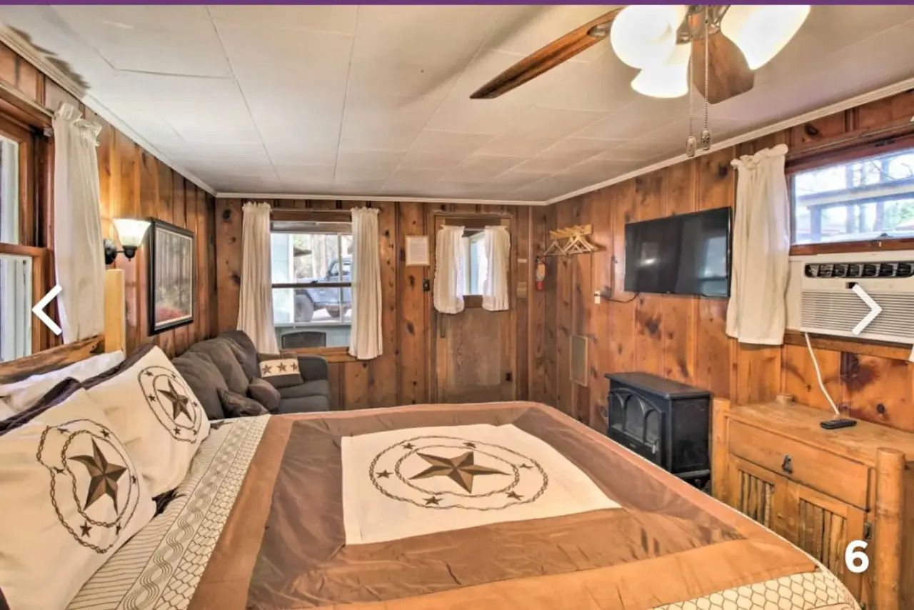 Wood-paneled bedroom with a bed, couch, TV, windows, and ceiling fan