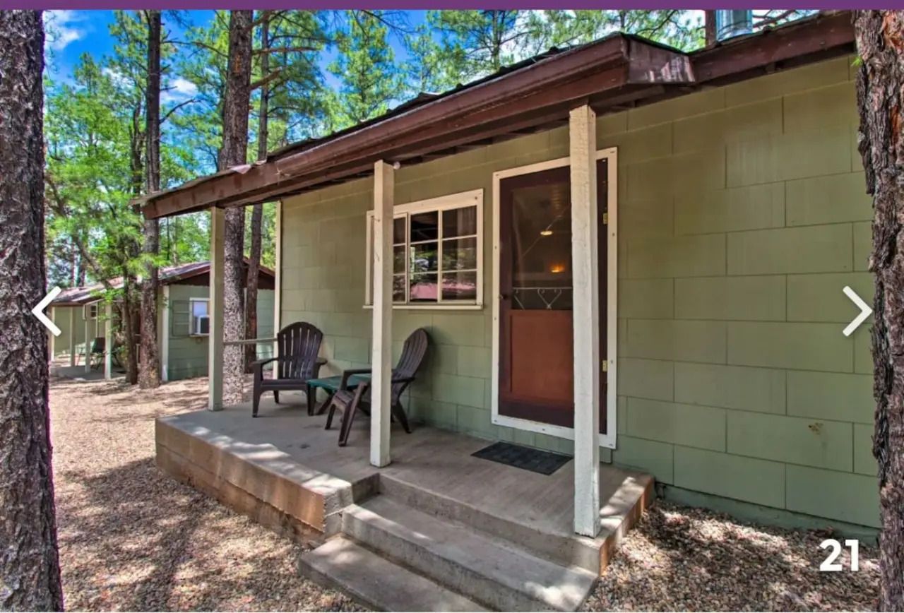 Small cabin porch with tan siding, brown door, chairs, and steps in a wooded area.