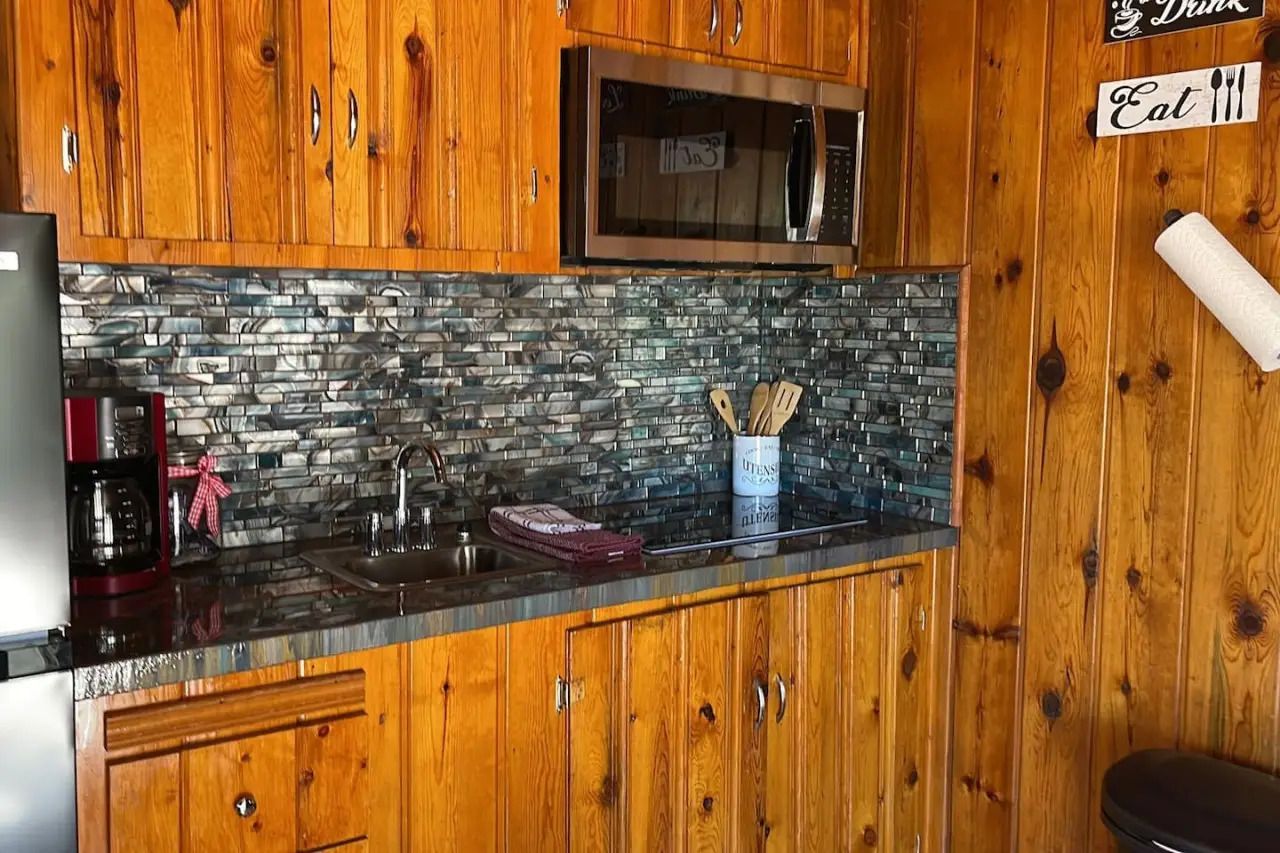 Wood-paneled kitchen with black countertop, mosaic backsplash, microwave, and coffee maker