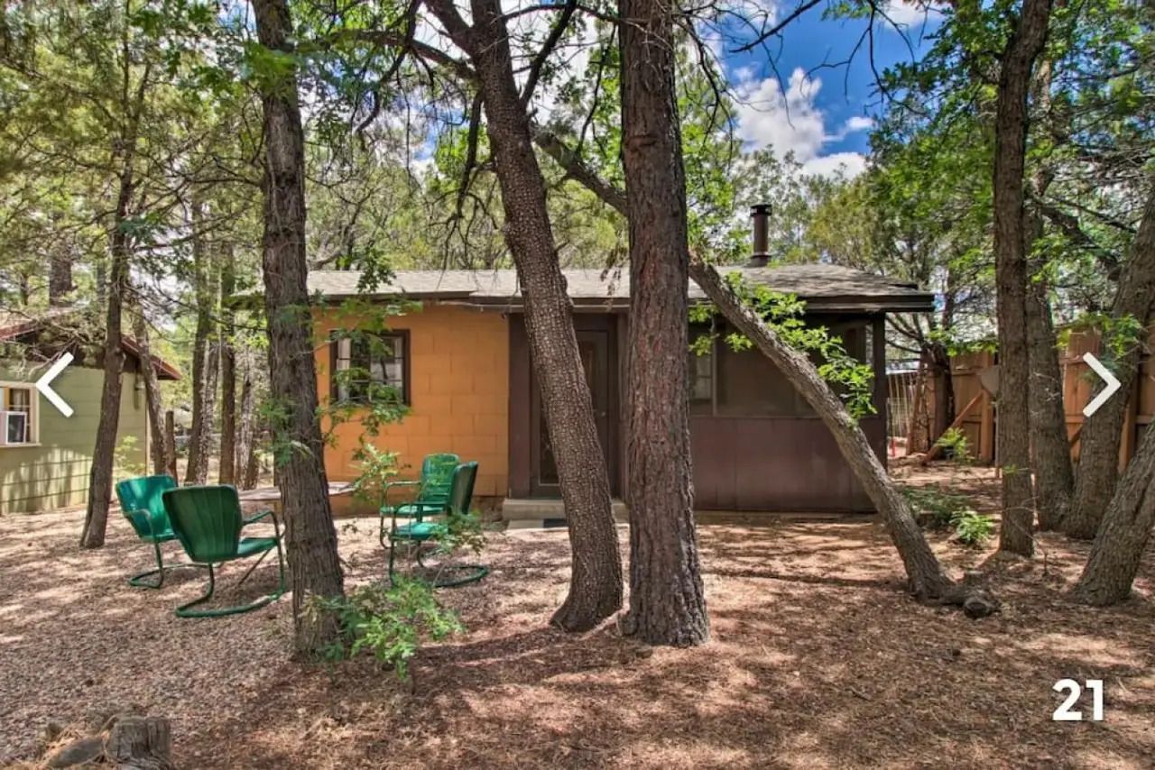 Wooded cabin with green chairs and trees in a shaded outdoor area