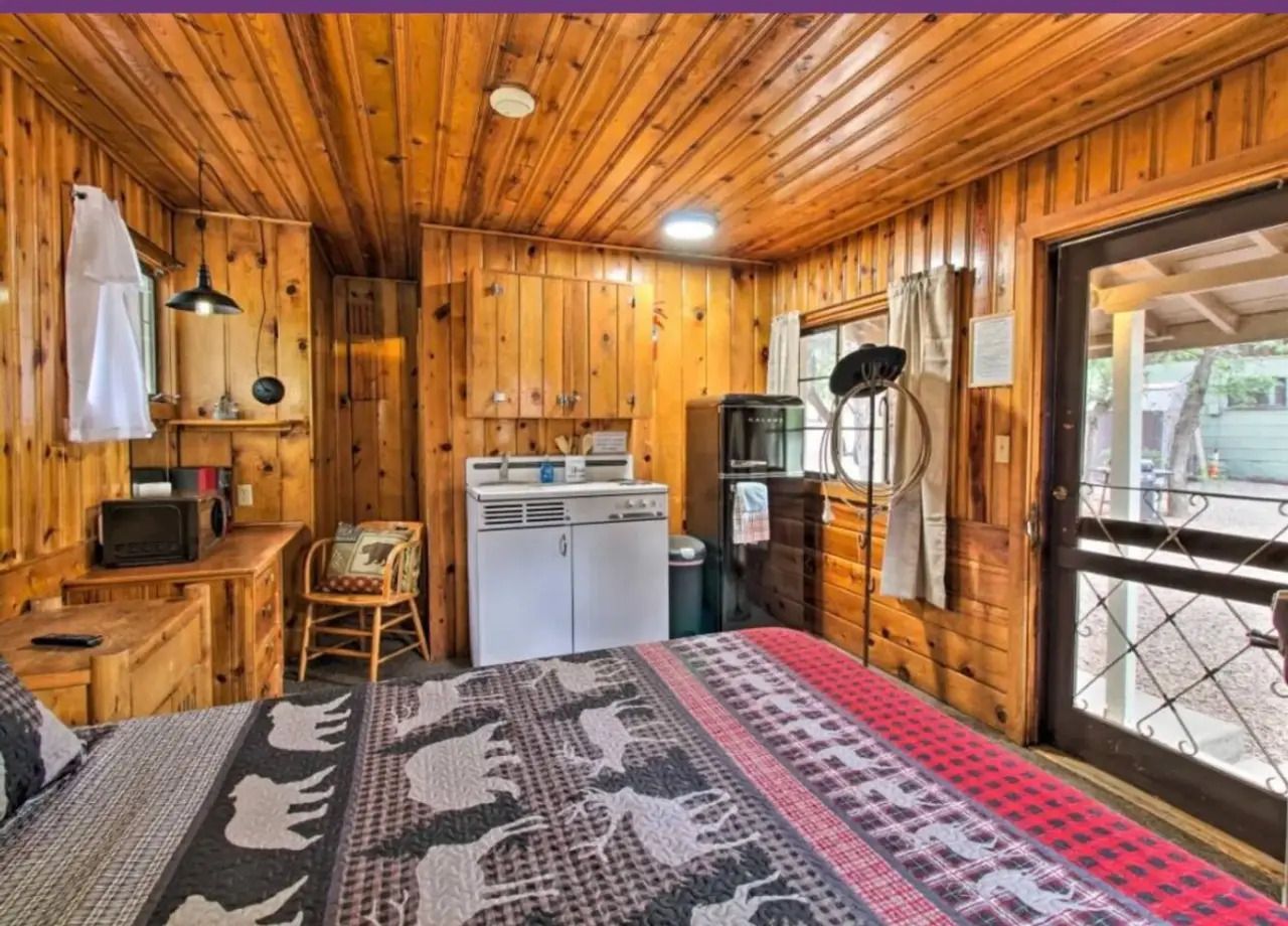 Cozy wood-paneled cabin bedroom with bed, mini fridge, mirror, and glass door to porch