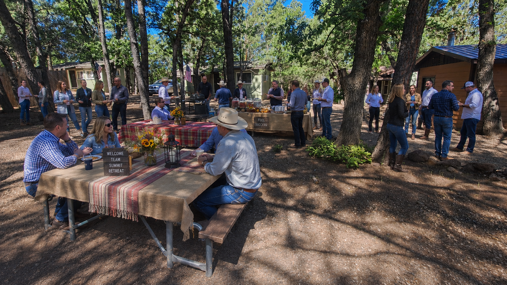 People playing giant chess outdoors at picnic tables in a park among trees and other visitors