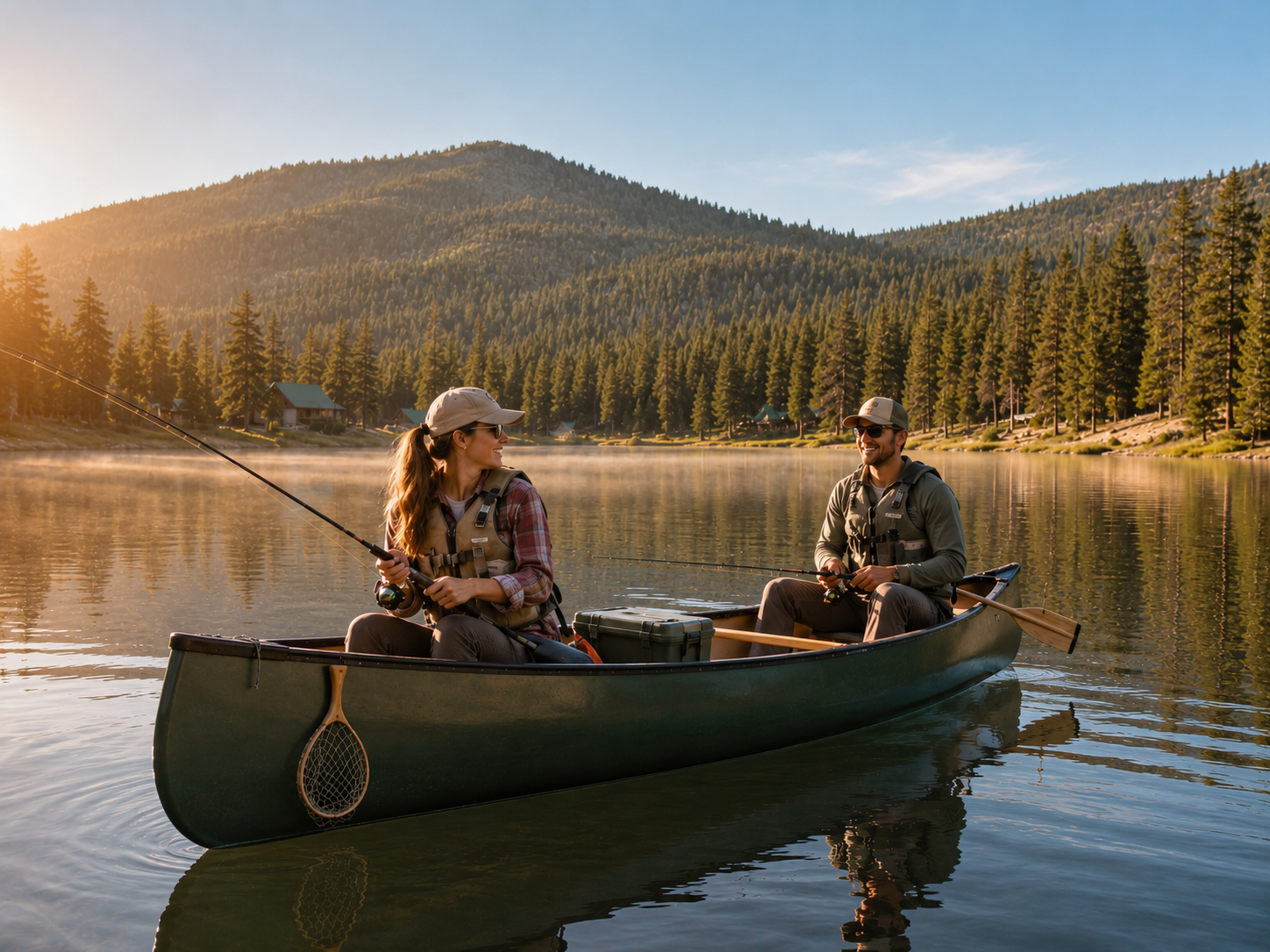 Two people fishing from a canoe on a calm mountain lake at sunset