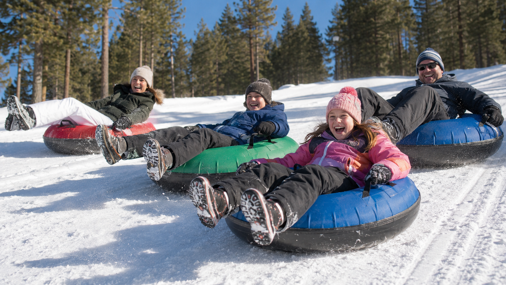 Four people in winter clothes snow tubing downhill on blue and red tubes under a clear sky.