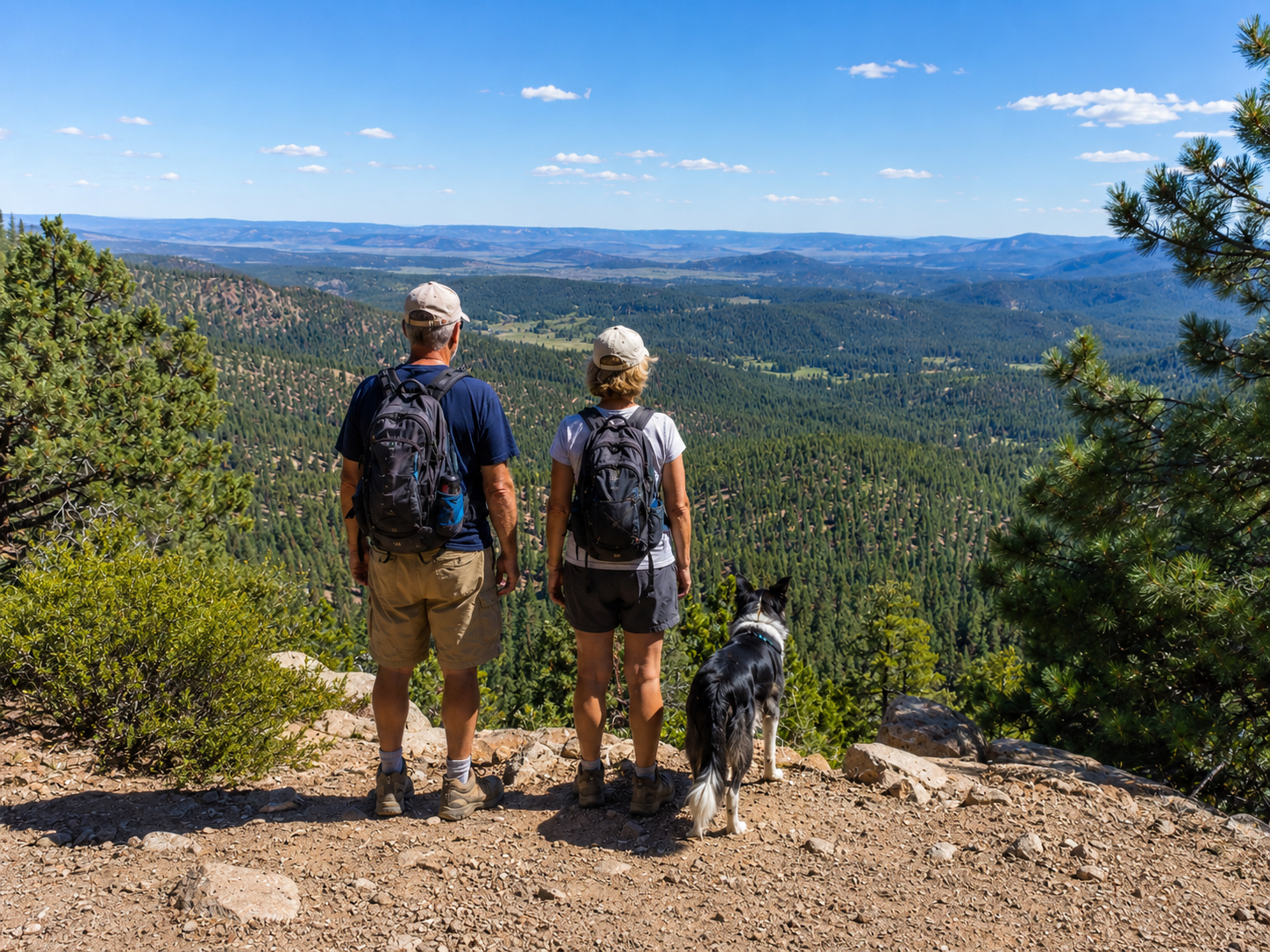 Two hikers and a dog overlook a forested mountain valley under a blue sky.