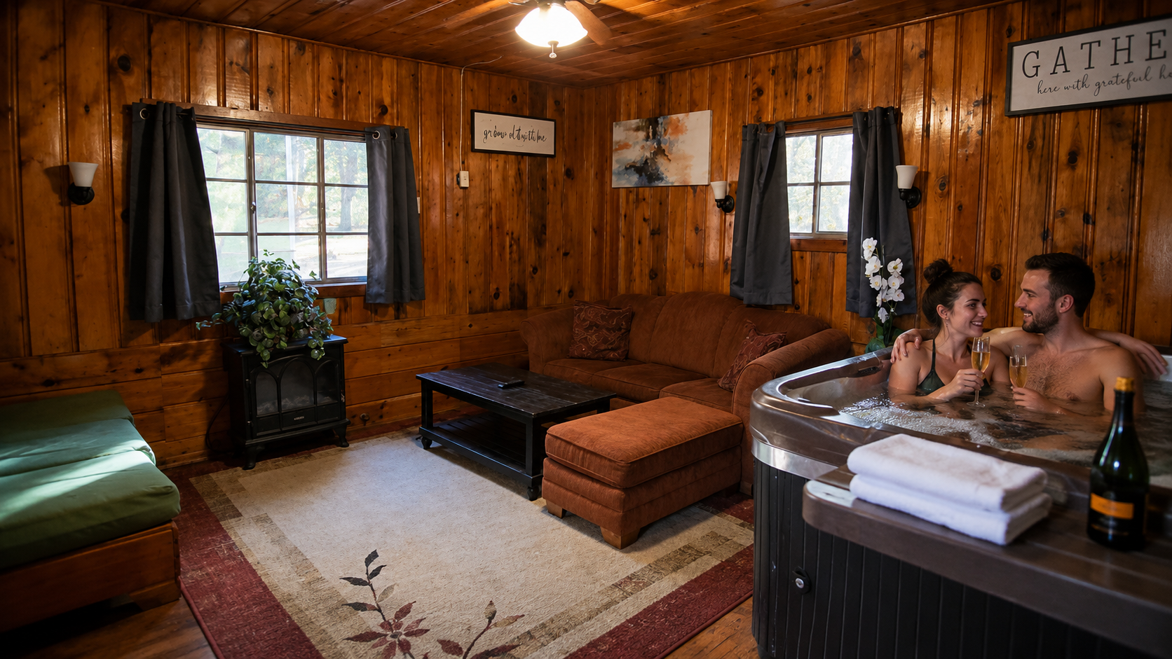 Wood-paneled cabin with a couple relaxing in a hot tub by the window.
