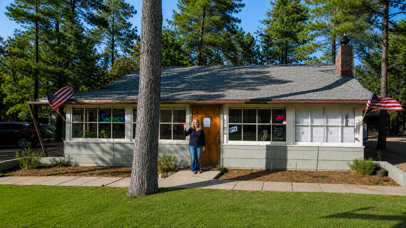 Single-story house with a person standing in the doorway, framed by tall pine trees and an American flag.