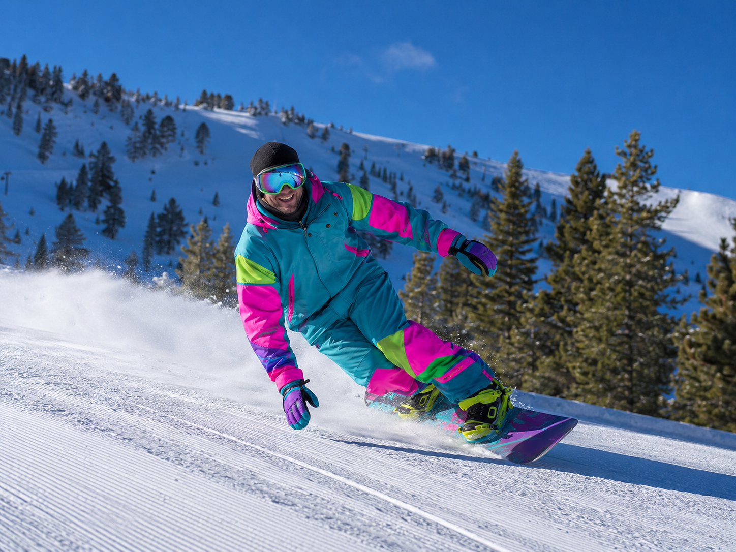 Snowboarder in bright teal and pink gear carving down a snowy mountain slope