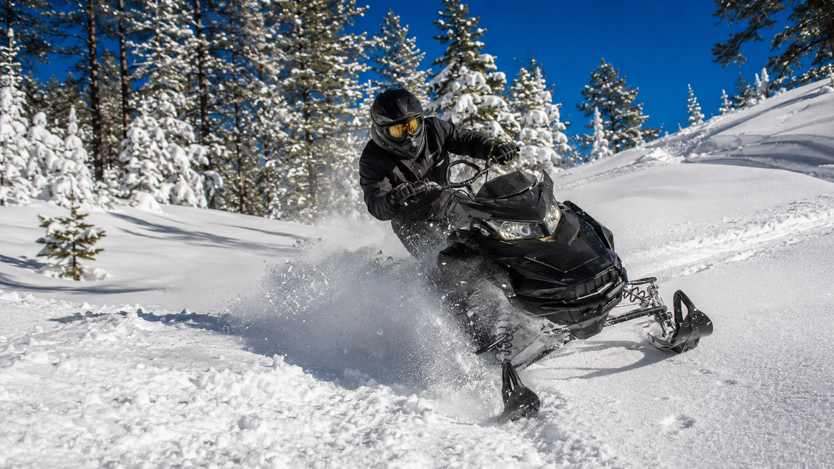 Snowmobile rider carving through deep powder in a snowy pine forest under a blue sky