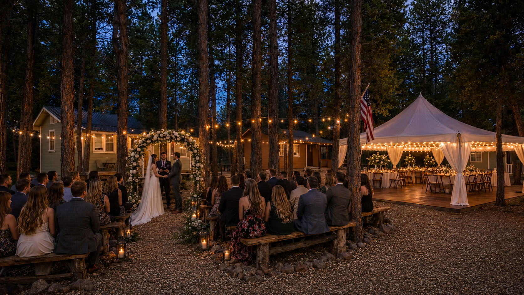 Outdoor evening wedding reception in a forest, with string lights, guests at tables, and a white tent glowing nearby