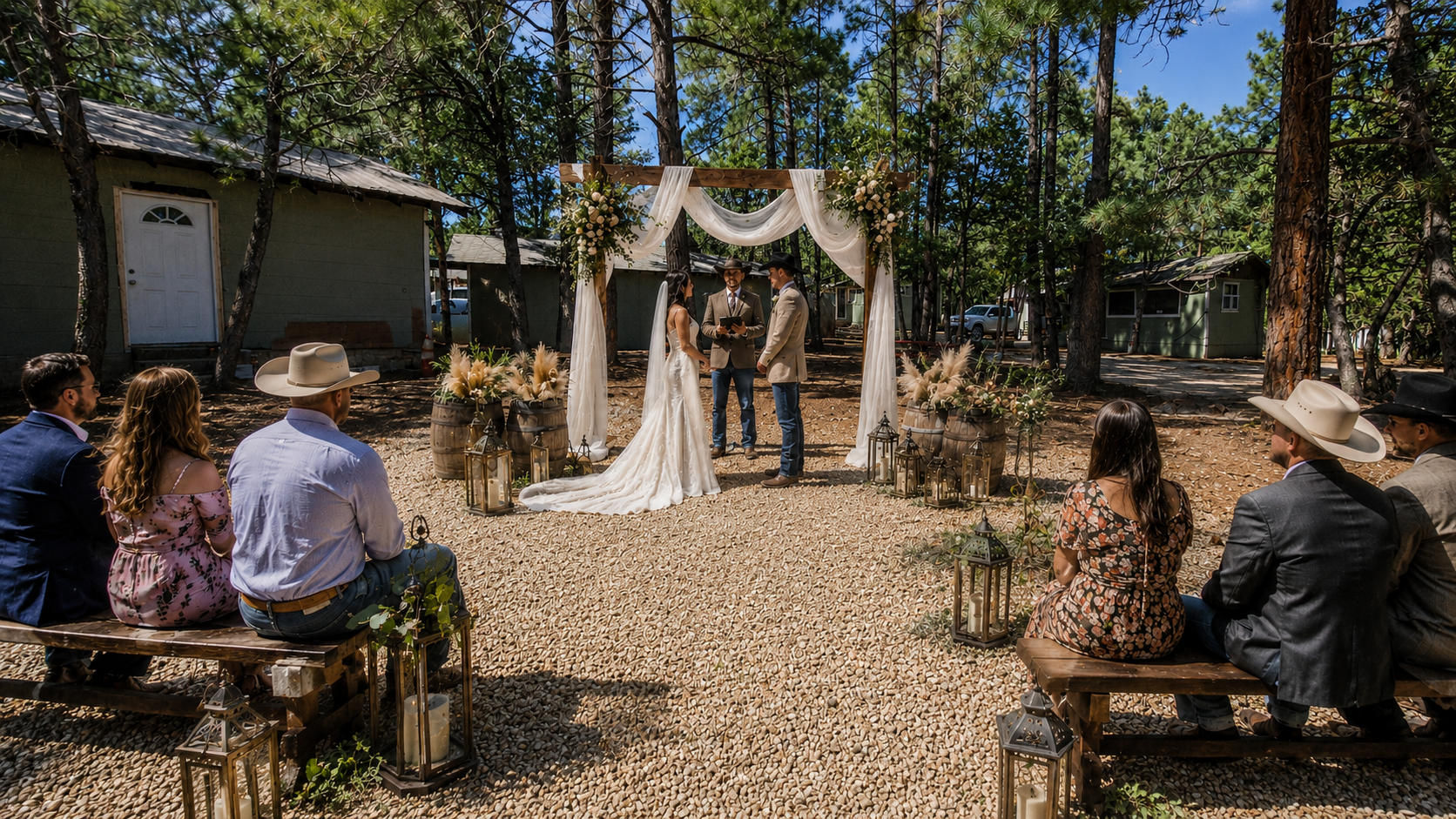 Outdoor wedding ceremony with guests seated on wooden benches under trees, facing a draped altar.