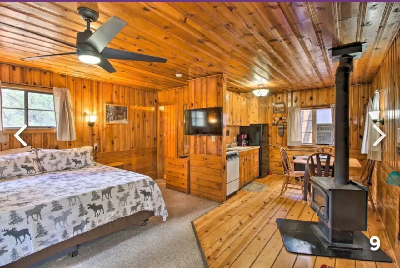 Cozy wood-paneled cabin bedroom with bed, ceiling fan, TV, fireplace, and small dining area