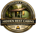 Hidden Rest Cabins logo with a green cabin, forest, fire pit, and &ldquo;Fireplace & Spas&rdquo; text.