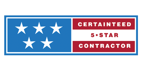 Certainteed 5-Star Contractor logo, blue stars on blue field, red text on red field.