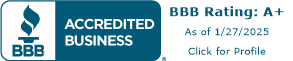BBB accredited business badge, rating A+ as of 1/27/2025.