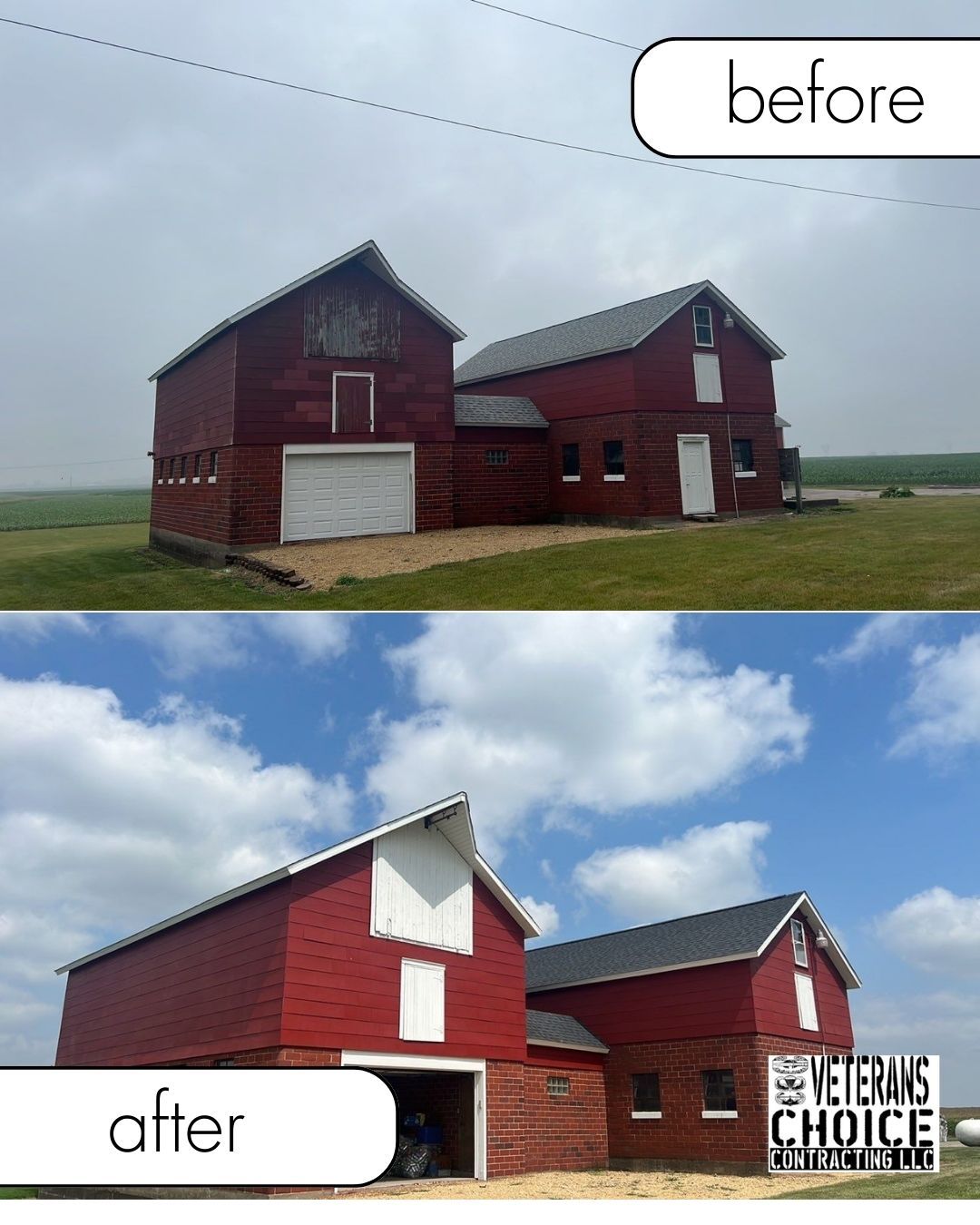Before and after photos of red barns with white accents, set against cloudy skies.