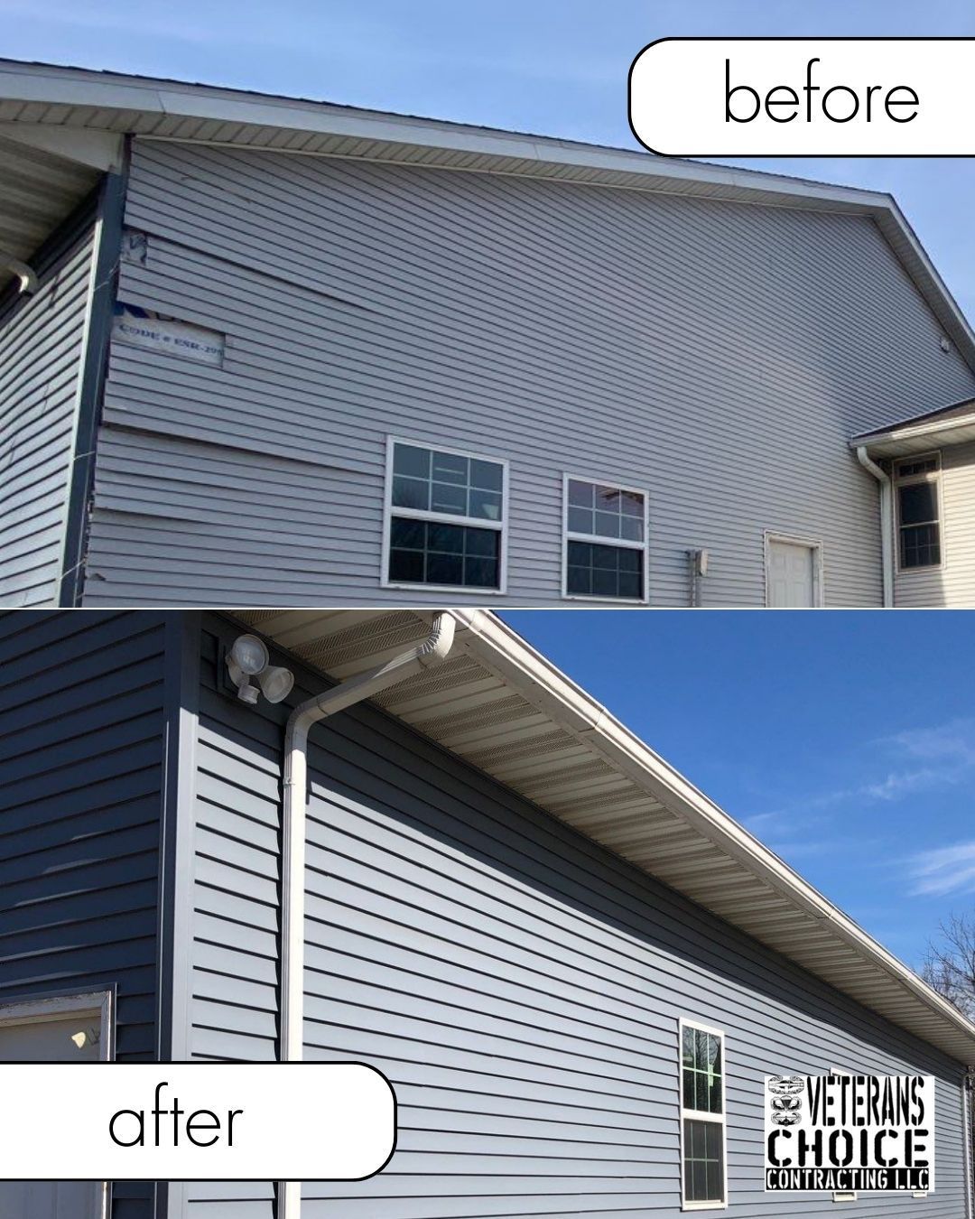 Comparison of a house's siding before and after repairs. The siding changes from damaged to new, clean, grey.