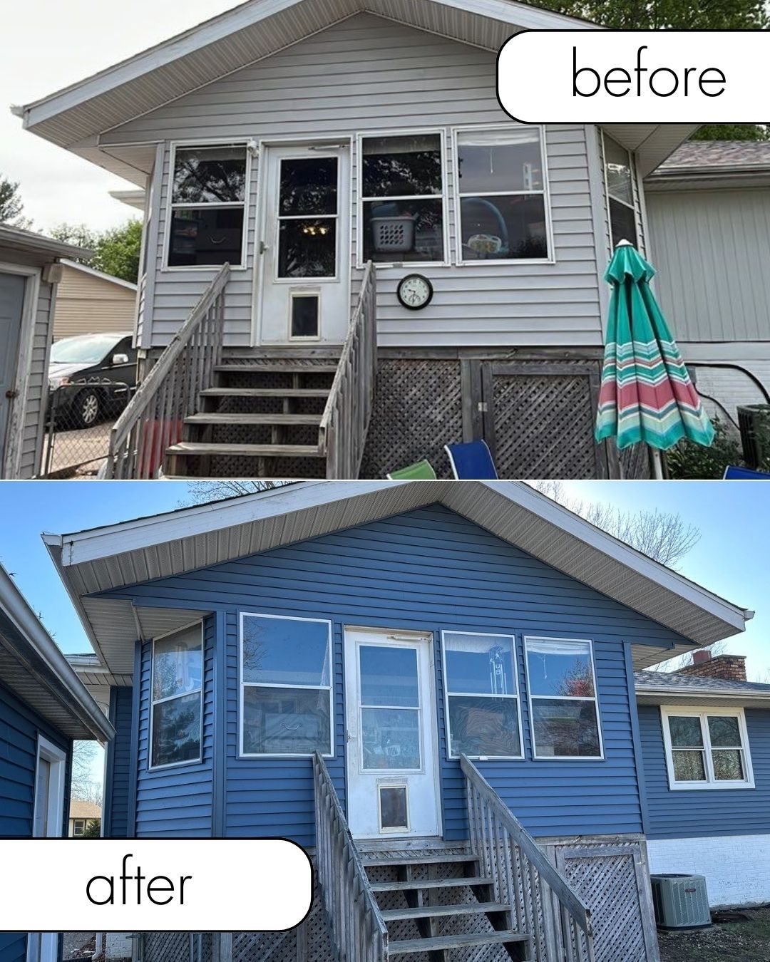 Before and after of a house. Upper photo shows gray siding, lower photo shows blue siding.