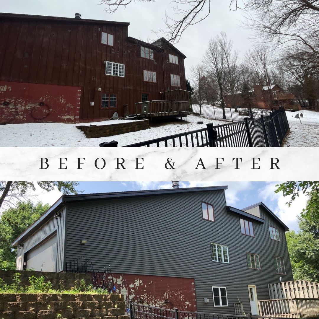 Before & after of a building. Top: brown siding, snow. Bottom: gray siding, green foliage.