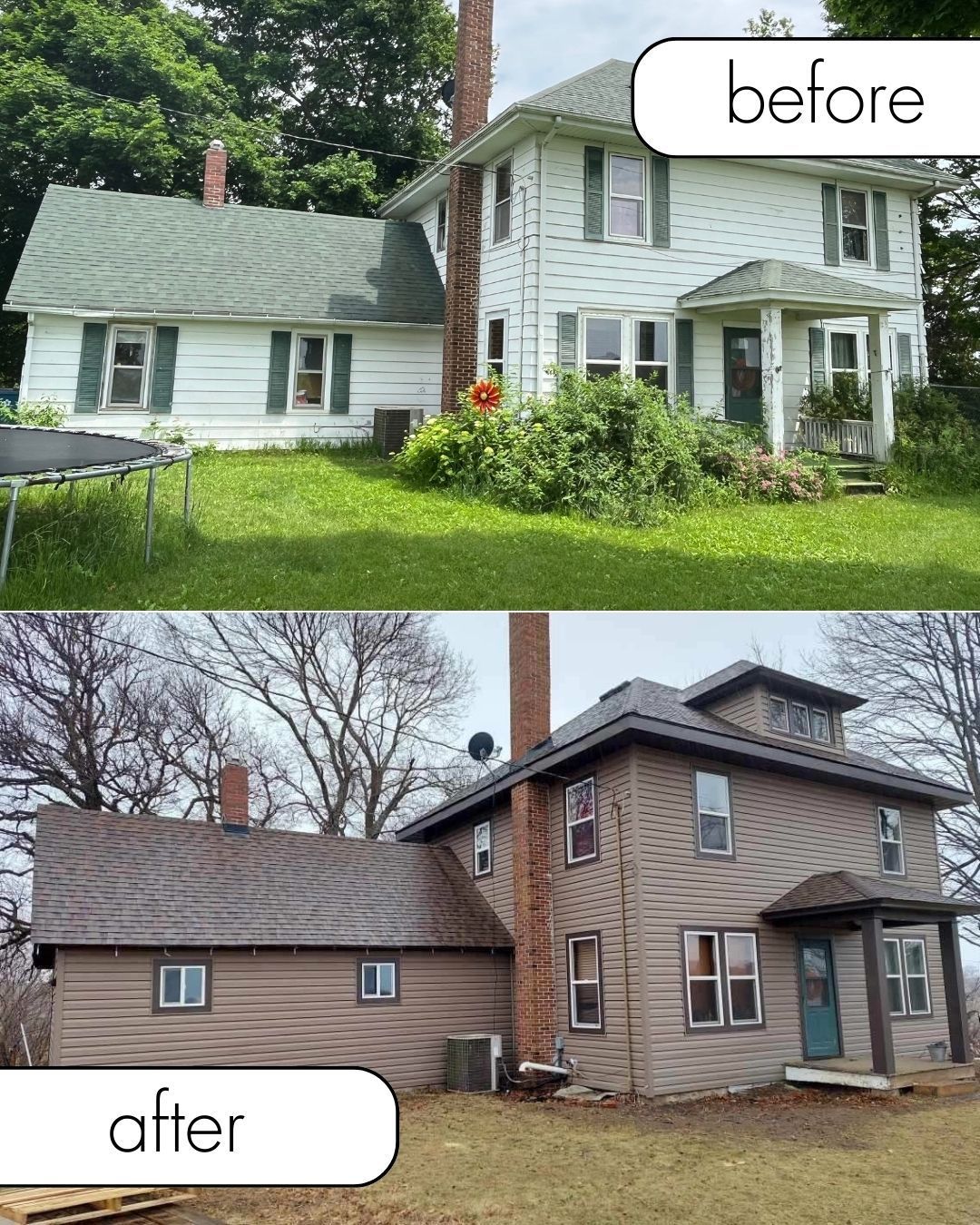Before and after photo of a two-story house renovation, showing old and new exterior.