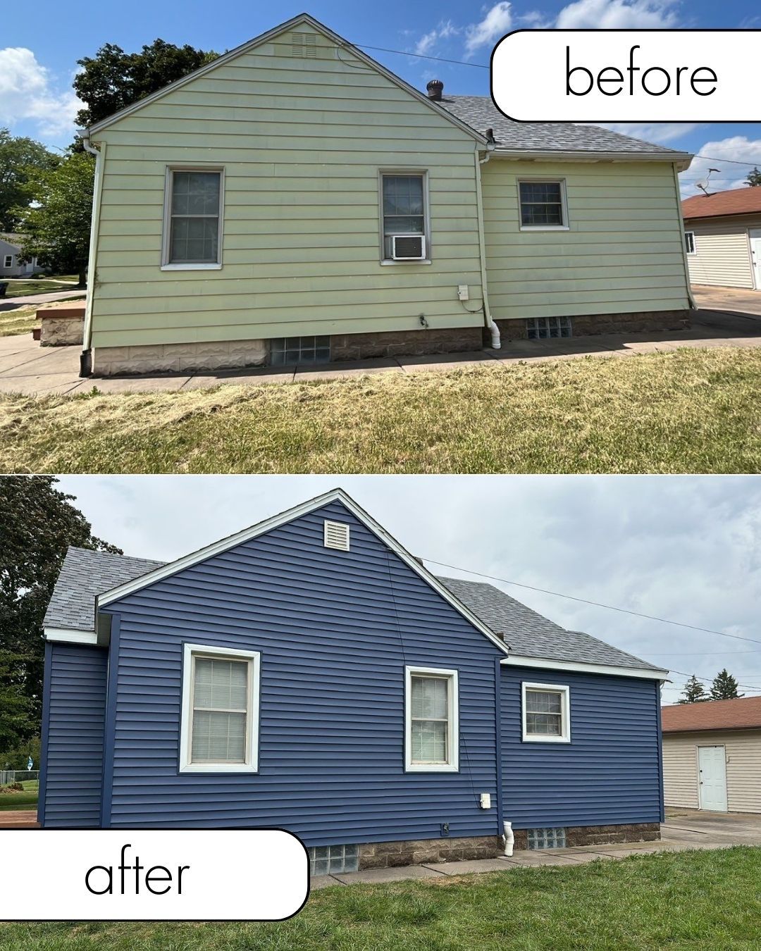 Before and after photos of a house. Before: pale green siding. After: blue siding.
