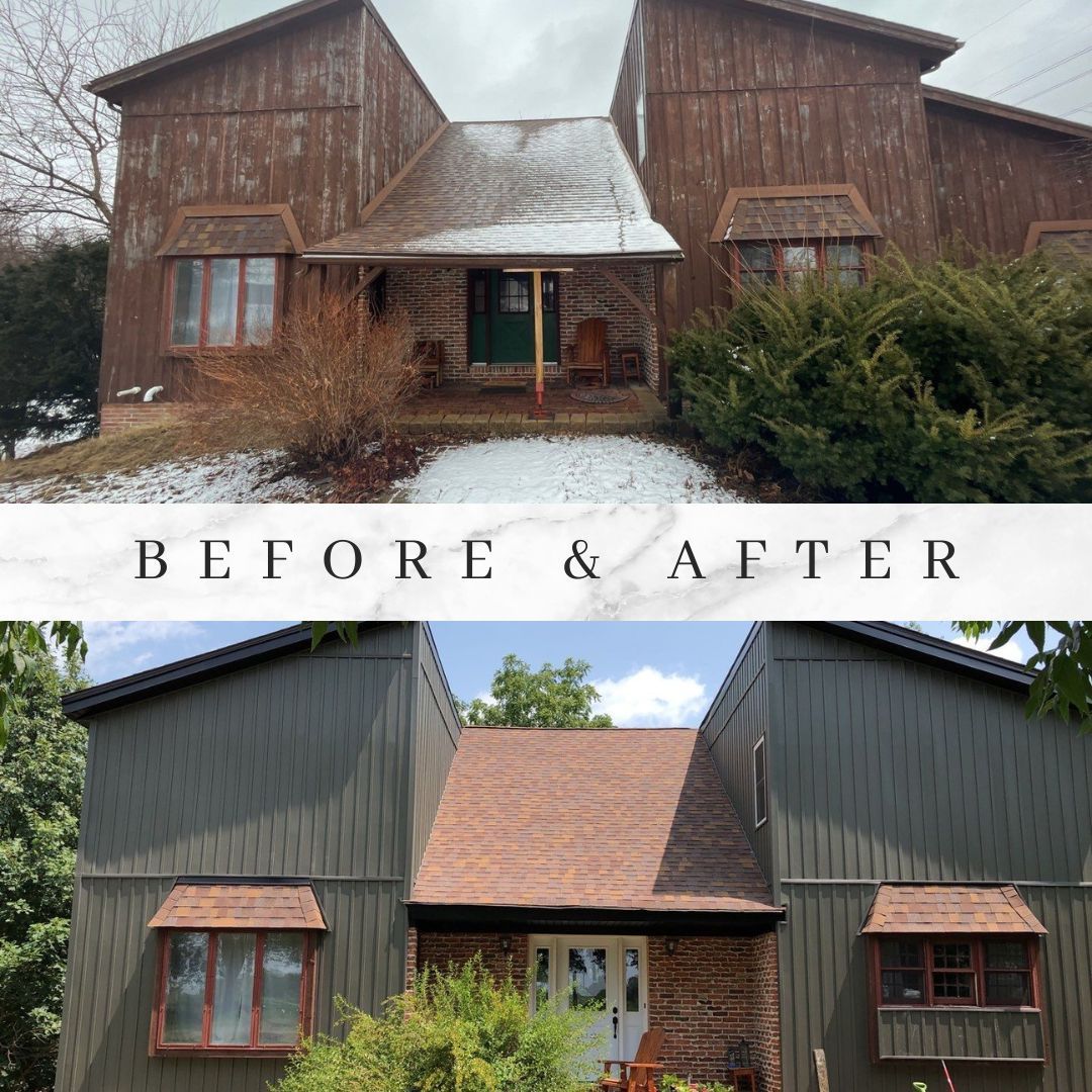 Before-and-after of a house: weathered brown siding transforms to a dark green with a new brown roof.