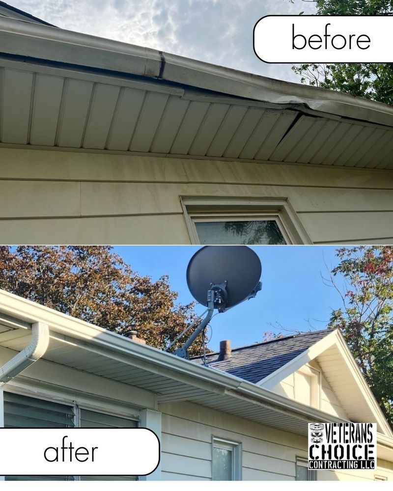 Comparison of a house's dirty before and clean after gutters.  Top shows before, bottom after, with a satellite.