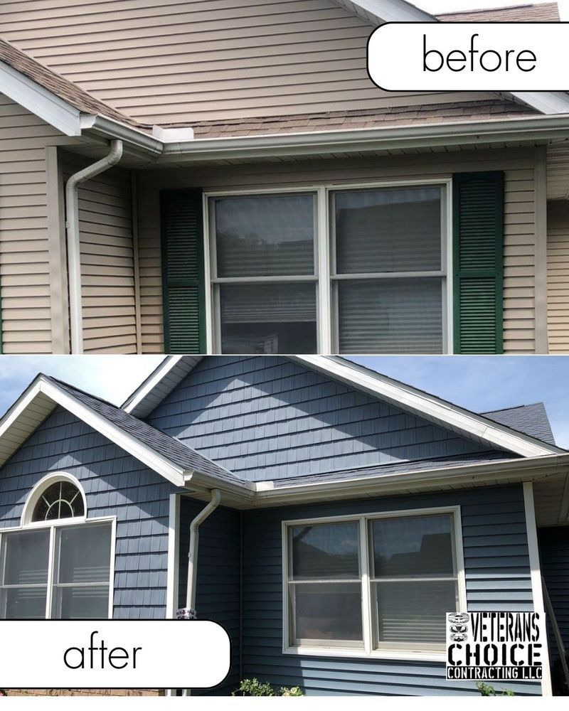 Before and after comparison of a house exterior; beige to blue siding, white trim.