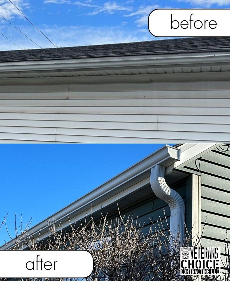 Comparison of a house's dirty gutters (before) and cleaned gutters (after). Blue sky in the background.