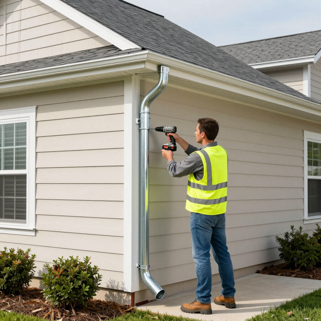 Worker in a safety vest installing a metal downspout on a house exterior with a power drill