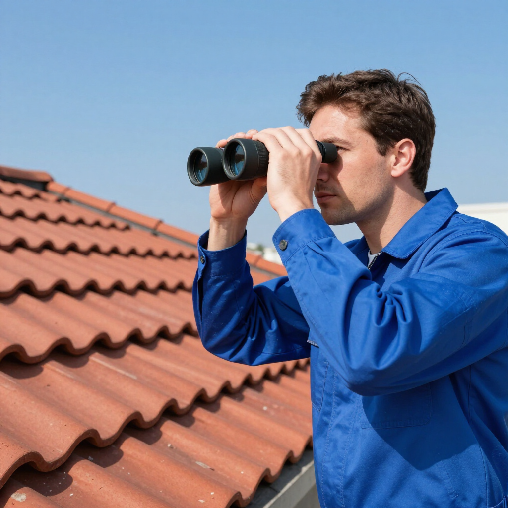 Man in a blue shirt using binoculars on a red-tiled roof under a clear sky